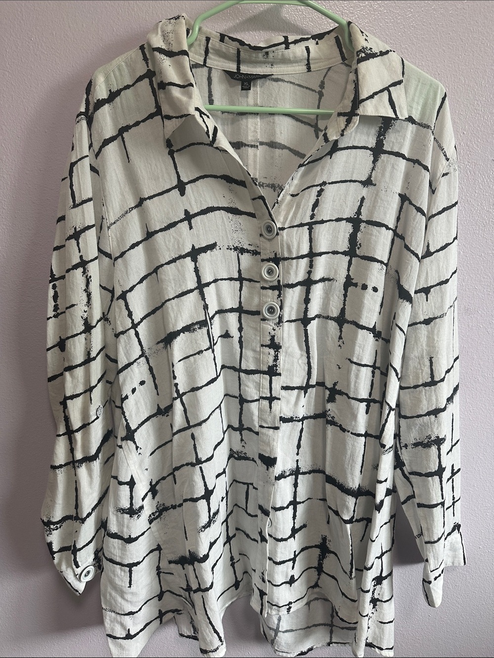 John Mark Black & White Grid Button-Front Collared Top